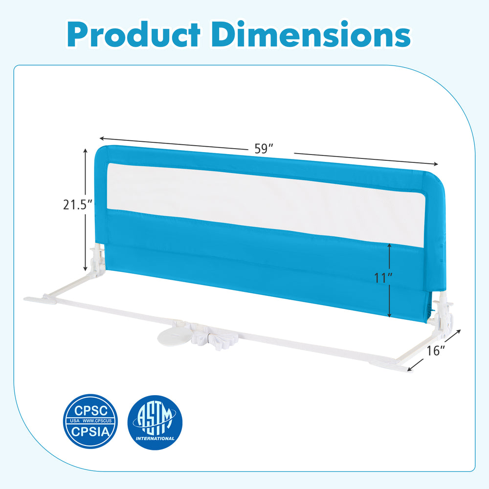 59-inch blue folding baby bed rail guard with breathable mesh, measuring 21 inches high for added safety and security.