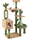Multilevel cactus cat tree with scratching posts, green plush surfaces, and cozy condos for playful cats.