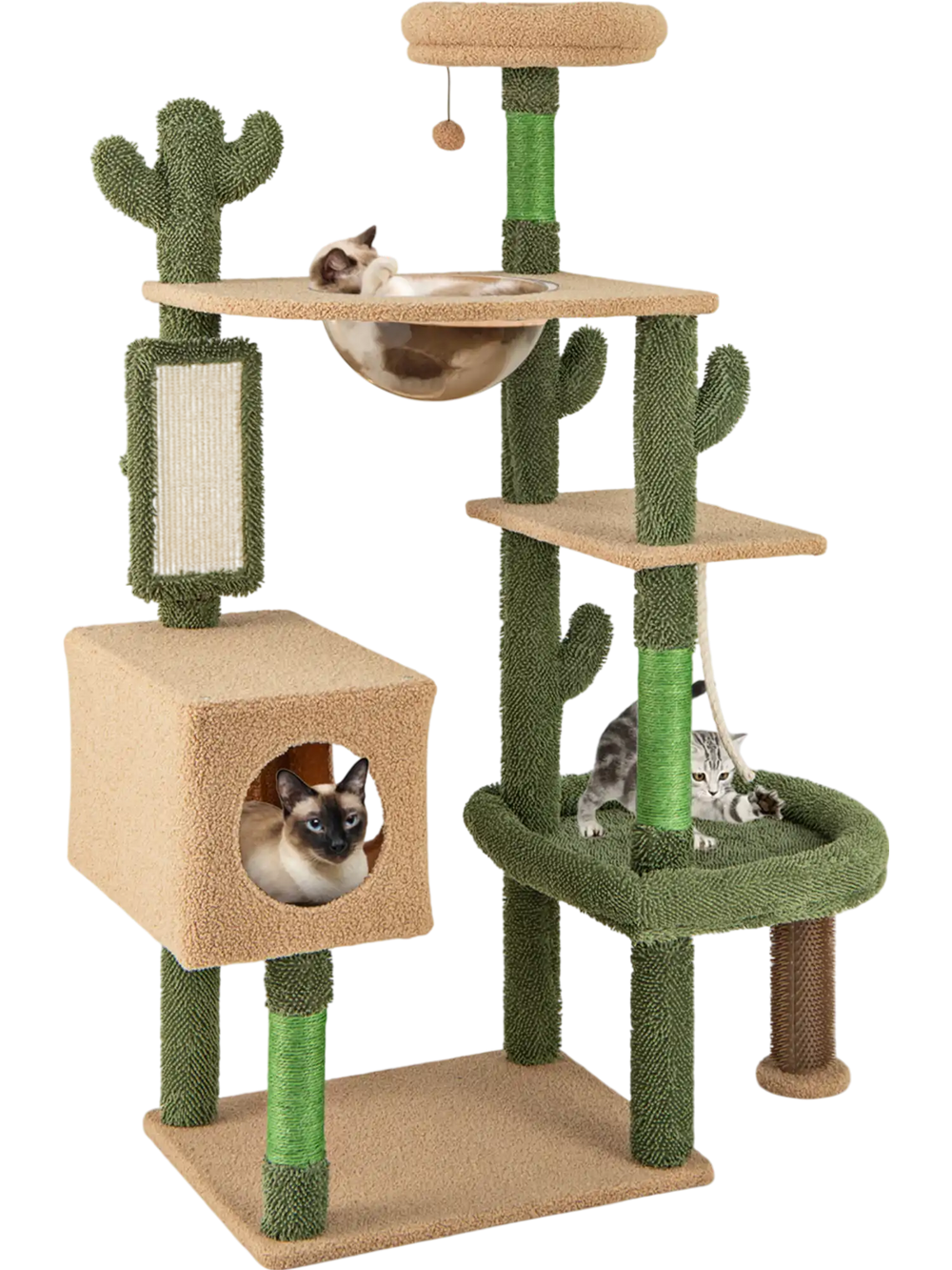 Multilevel cactus cat tree with scratching posts, green plush surfaces, and cozy condos for playful cats.