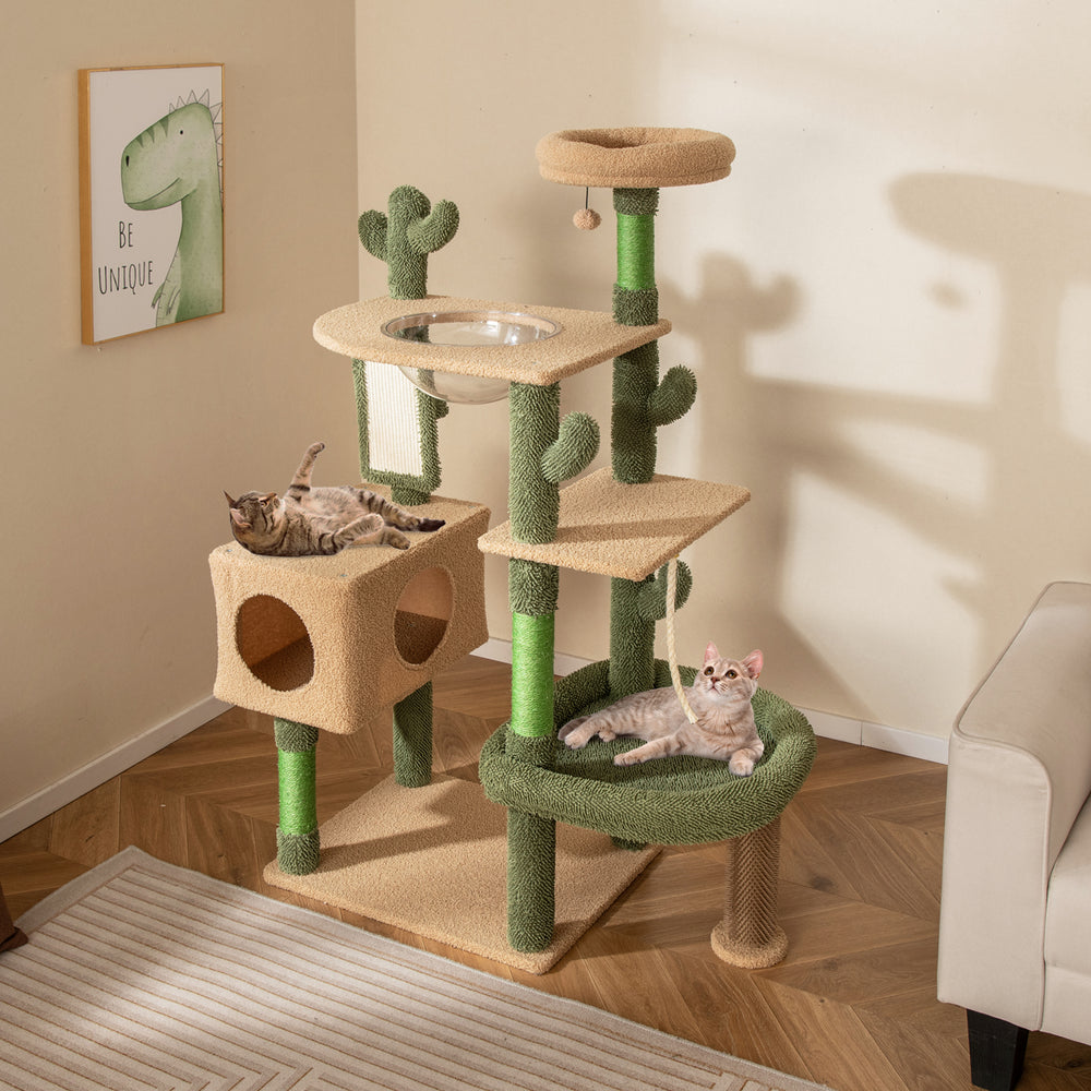 Multilevel 59-inch cactus cat tree in green with scratching posts, cozy condos, and playful hanging toys for cats.