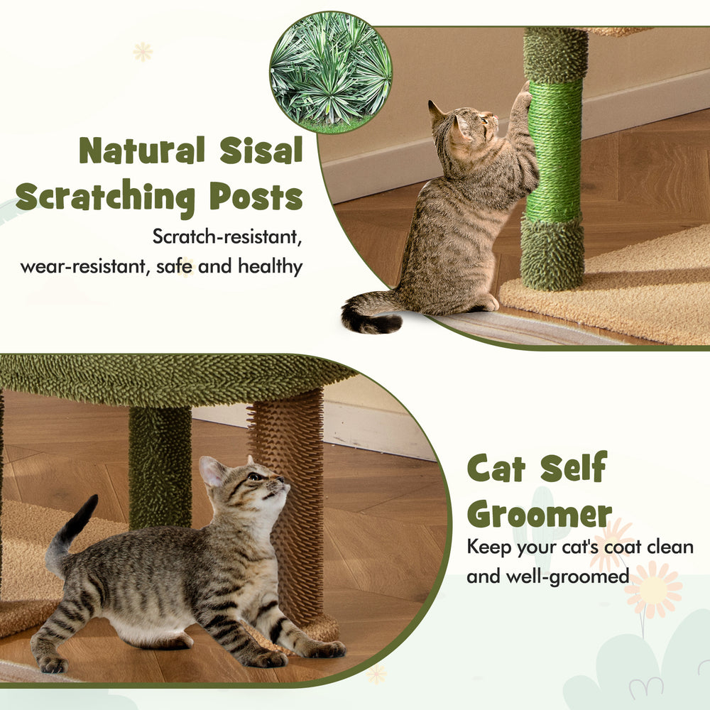 Multilevel cactus cat tree with sisal scratching posts, self groomer, and green plush fabric for playful cats.
