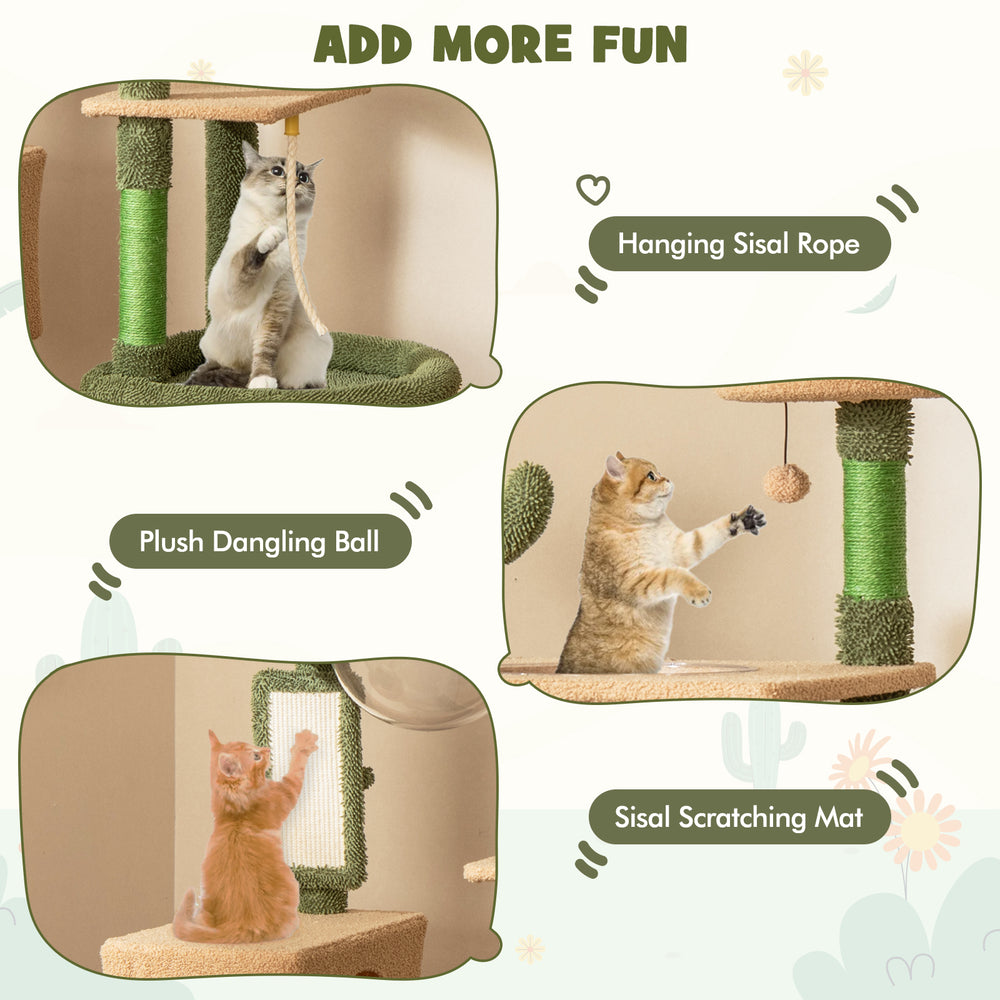 Multilevel cactus cat tree featuring plush dangler, sisal rope, and scratching mat for playful feline fun.