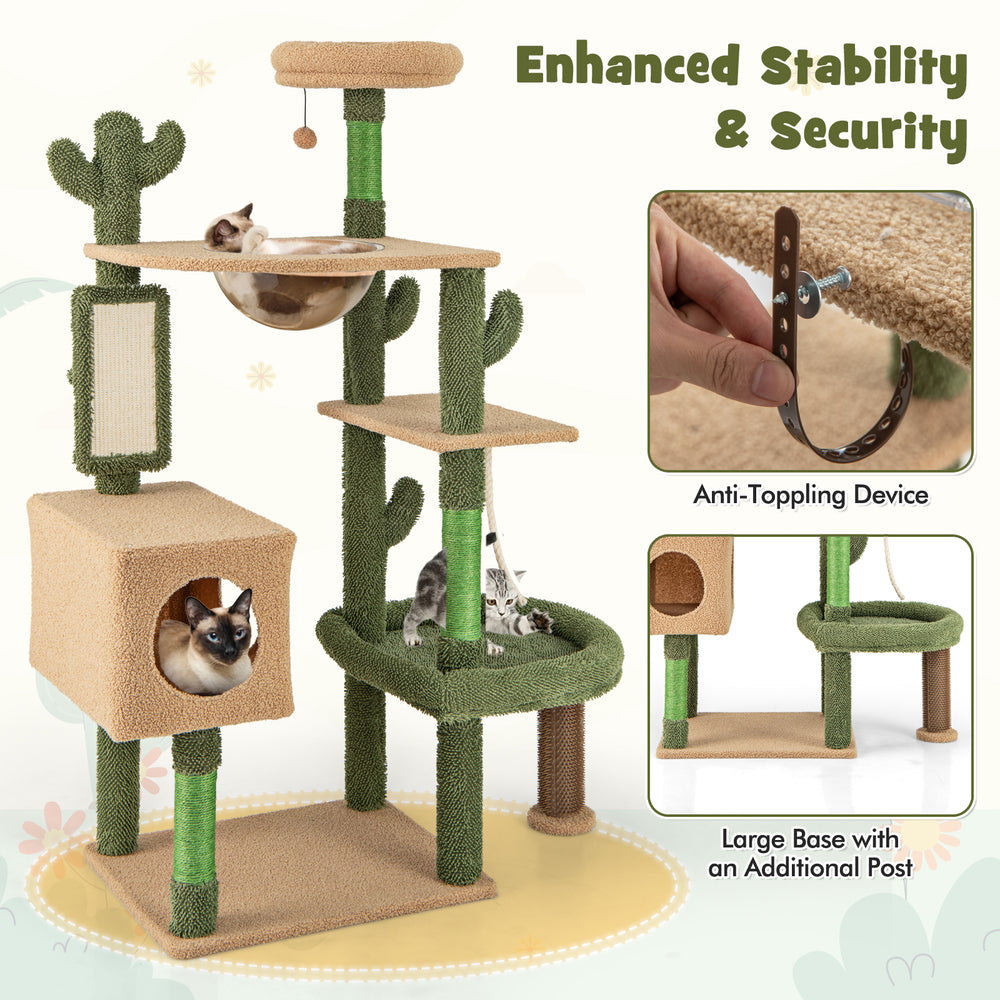 59-inch multilevel cactus cat tree in green with scratching posts, cozy condo, and anti-tipping device for playful cats.