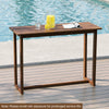 59-inch outdoor bar table made of premium teak wood, featuring a slatted top, ideal for patio and poolside gatherings.