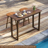 Outdoor bar table with slatted top made of teak wood, ideal for patio gatherings, paired with bar chairs.
