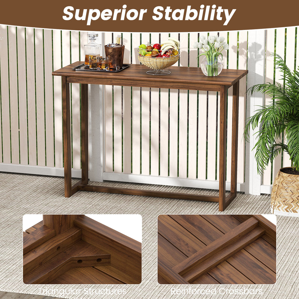 59-inch outdoor bar table made of premium teak wood, featuring a slatted top and reinforced crossbars for stability.