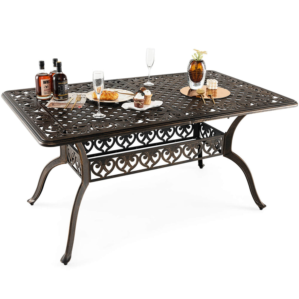 59-inch bronze aluminum patio dining table for 6-8 people with umbrella hole, perfect for outdoor gatherings.