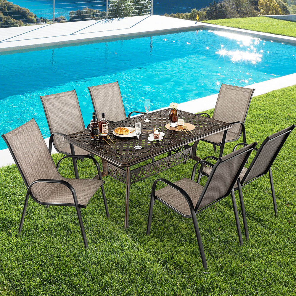 Aluminum patio dining table with umbrella hole, 59" x 35.4", seats 6-8, ideal for outdoor gatherings by the pool.