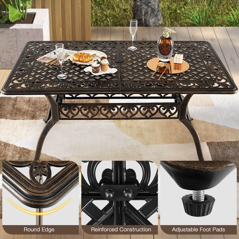 59-inch bronze aluminum patio dining table with umbrella hole, designed for 6-8 people, featuring round edges and.