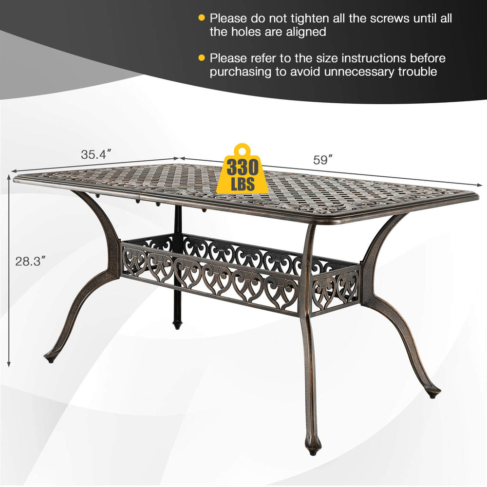 59-inch bronze aluminum patio dining table with umbrella hole, seating 6-8, featuring a reinforced design for outdoor.