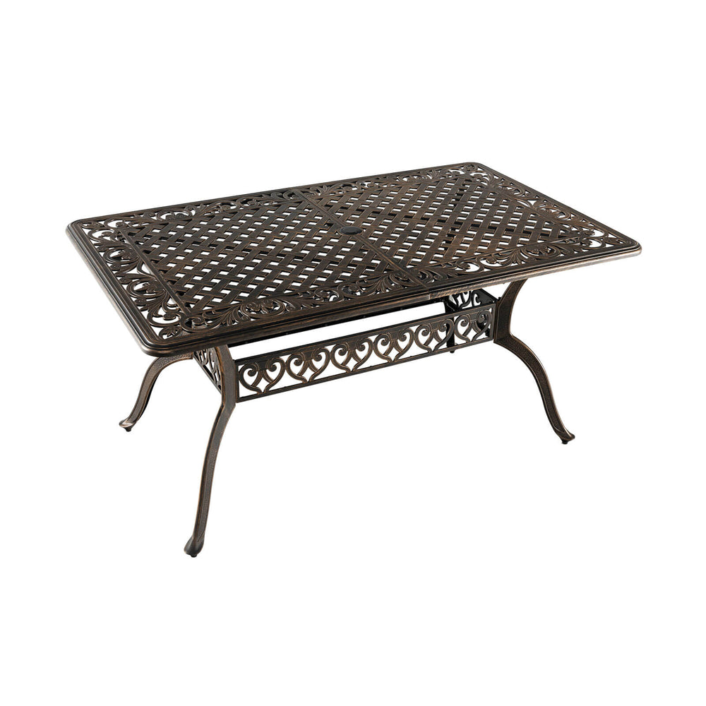 Rectangular 59" aluminum patio dining table in bronze with umbrella hole, suitable for 6-8 persons, ideal for outdoor.