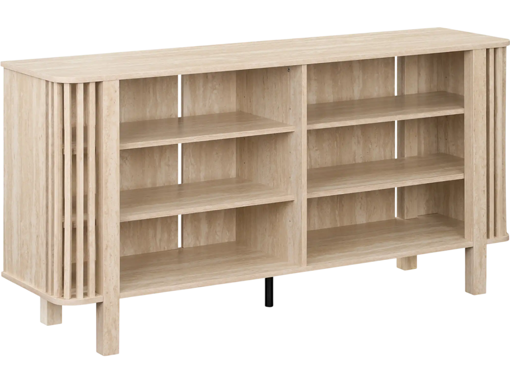 Natural 59-inch TV stand with adjustable shelves and slatted design, perfect for living rooms and entertainment centers.