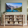 Natural 59-inch TV stand with adjustable shelves, slatted design, and elevated legs, perfect for living rooms and.