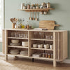 Natural 59-inch TV stand with adjustable shelves, slatted design, and elevated legs, perfect for living rooms or dining.