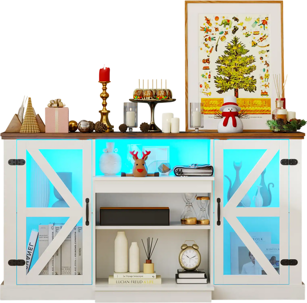 Media console table with LED lights, adjustable shelves, and tempered glass doors for stylish media storage.