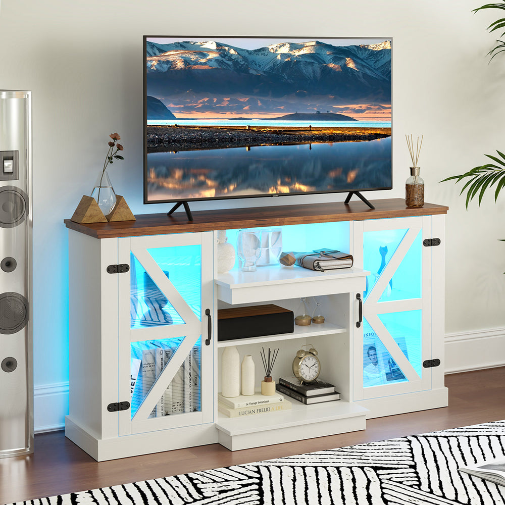 Media console table with LED lights, adjustable shelves, and storage for TVs up to 68 inches, ideal for modern living.