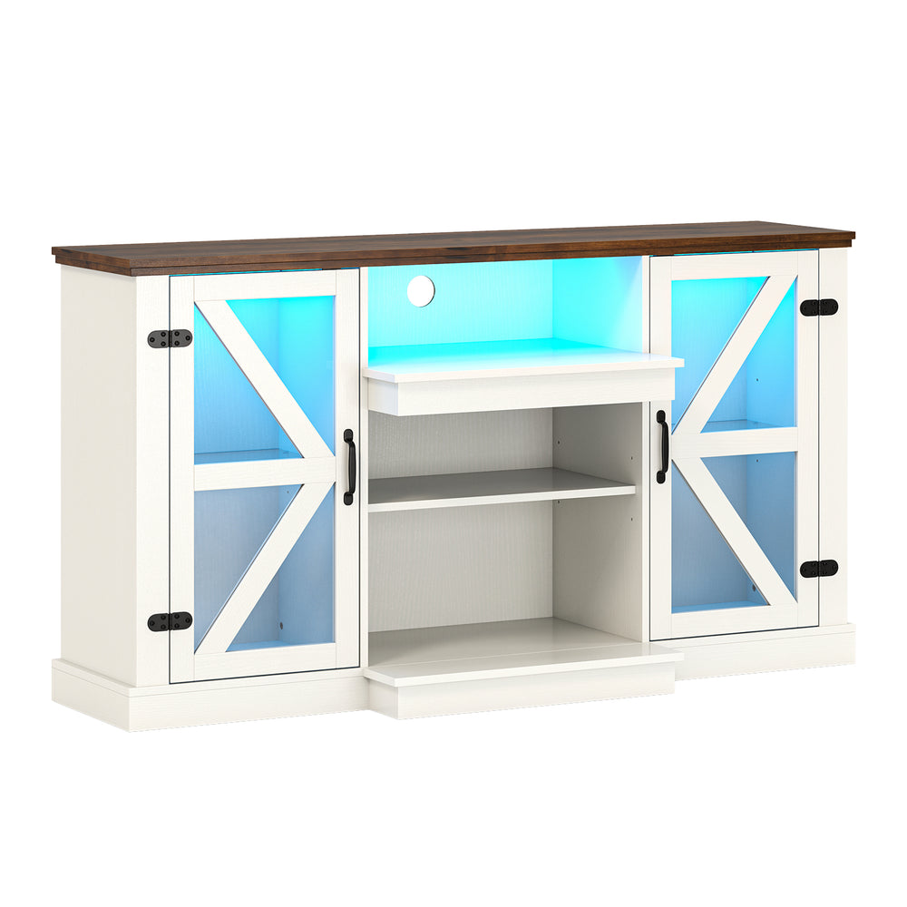 Media console table with LED lights, adjustable shelves, and tempered glass doors for stylish TV storage.