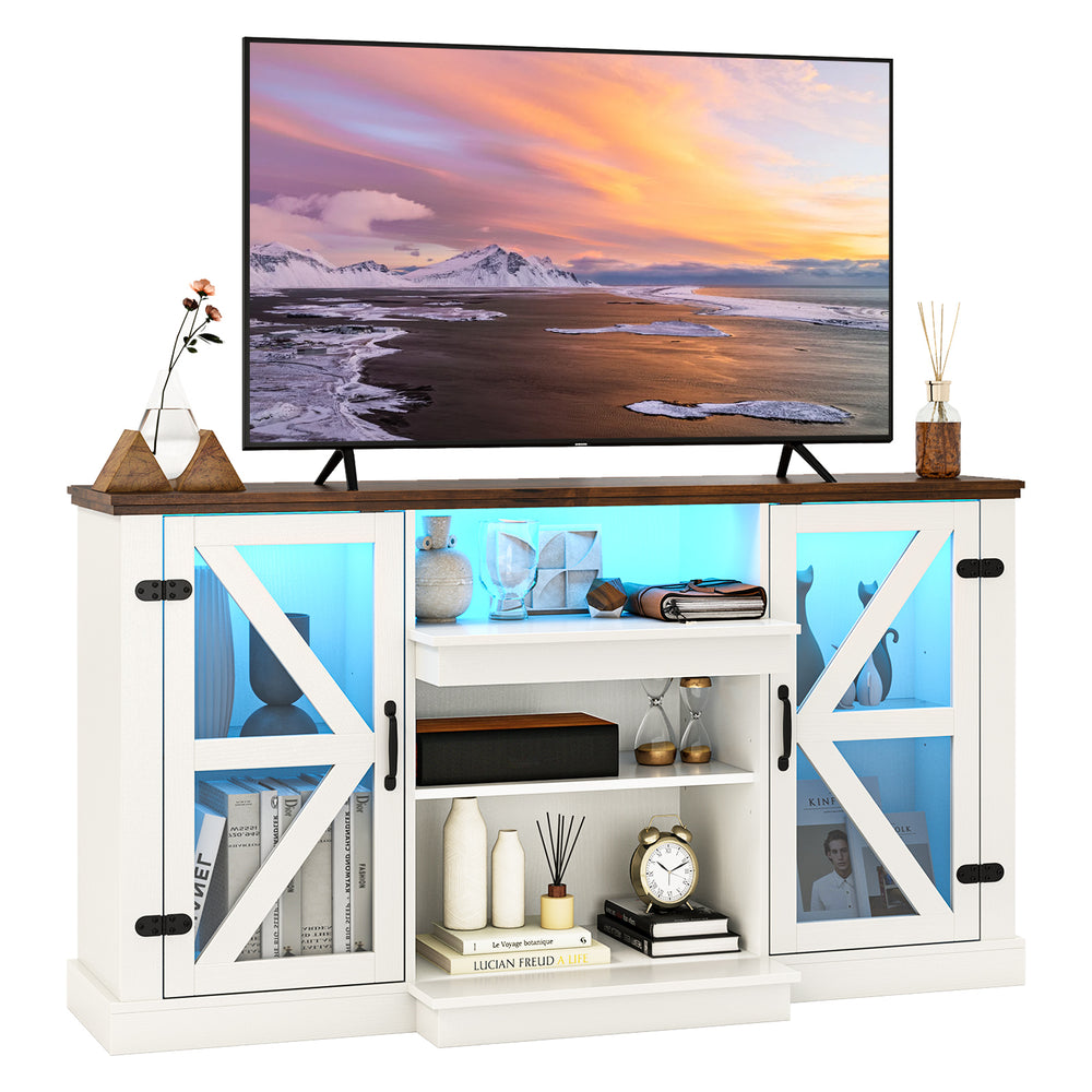 Media console table in white with adjustable shelves, LED lights, and storage for media devices, perfect for TVs up to.