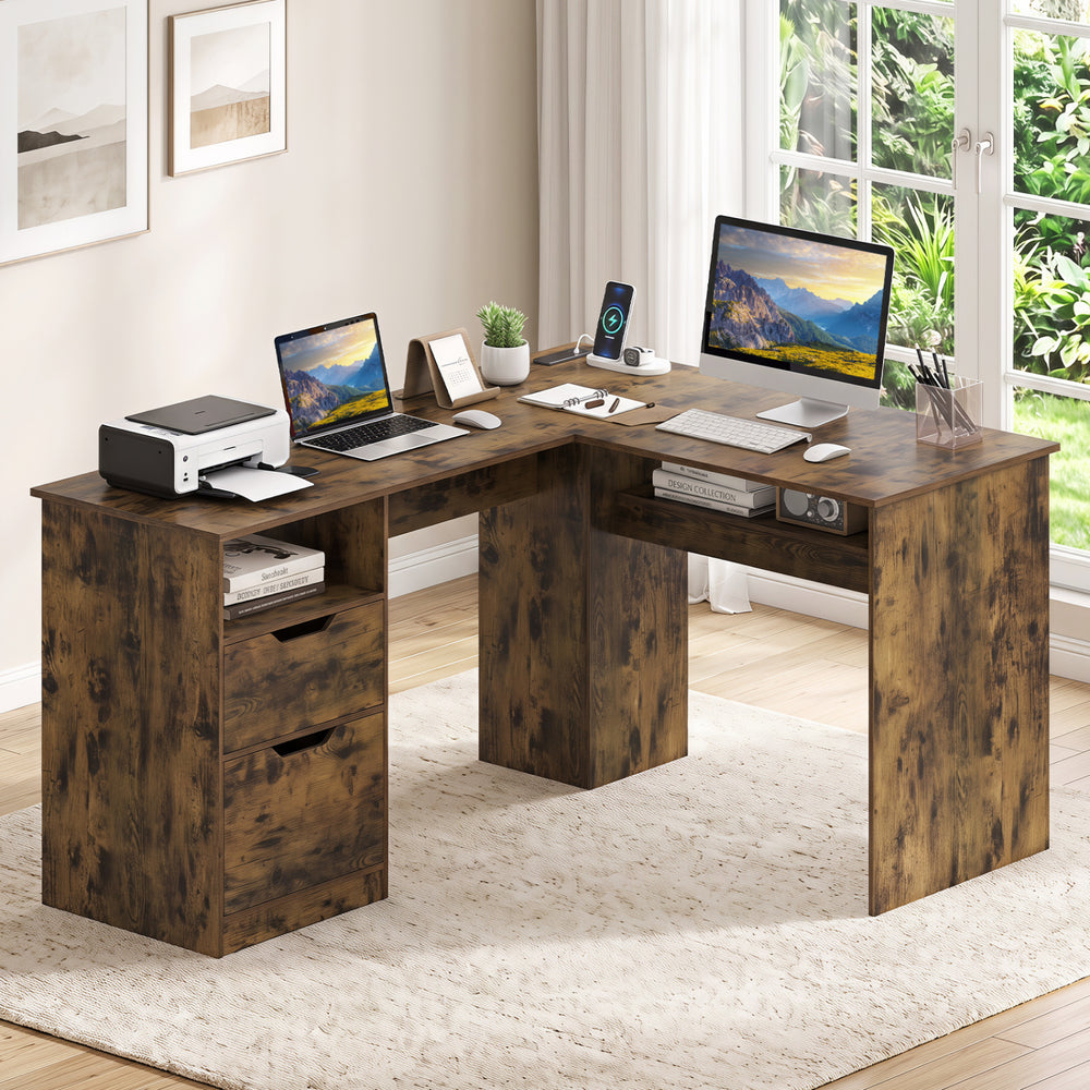 L-shaped executive desk with a rustic finish features power outlets, drawers, and an open shelf for efficient workspace organization.