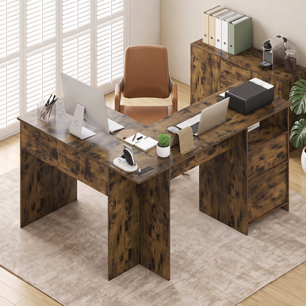 L-shaped executive desk with rustic finish, featuring power outlets, drawers, and an open shelf for efficient workspace organization.