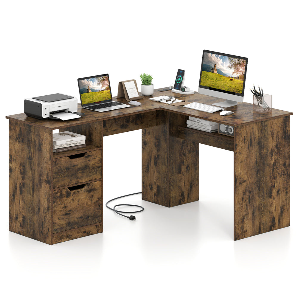 L-shaped 59" rustic executive desk featuring power outlets, drawers, and an open shelf for efficient workspace organization.