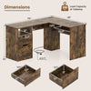 L-shaped executive desk with a rustic finish, featuring power outlets, two drawers, and an open shelf for efficient storage.