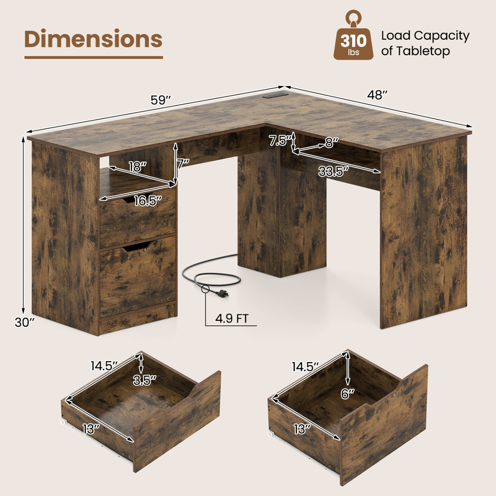 L-shaped executive desk with a rustic finish, featuring power outlets, two drawers, and an open shelf for efficient storage.