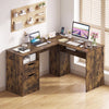 L-shaped executive desk featuring a rustic finish, built-in power outlets, two drawers, and an open shelf for efficient storage.