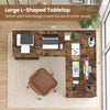 Large 59" L-shaped executive desk with rustic finish, featuring power outlets, drawers, and open shelf for efficient workspace.