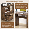 L-shaped executive desk features a rustic finish, open shelf, two drawers, and under-desk bookshelf for efficient storage.