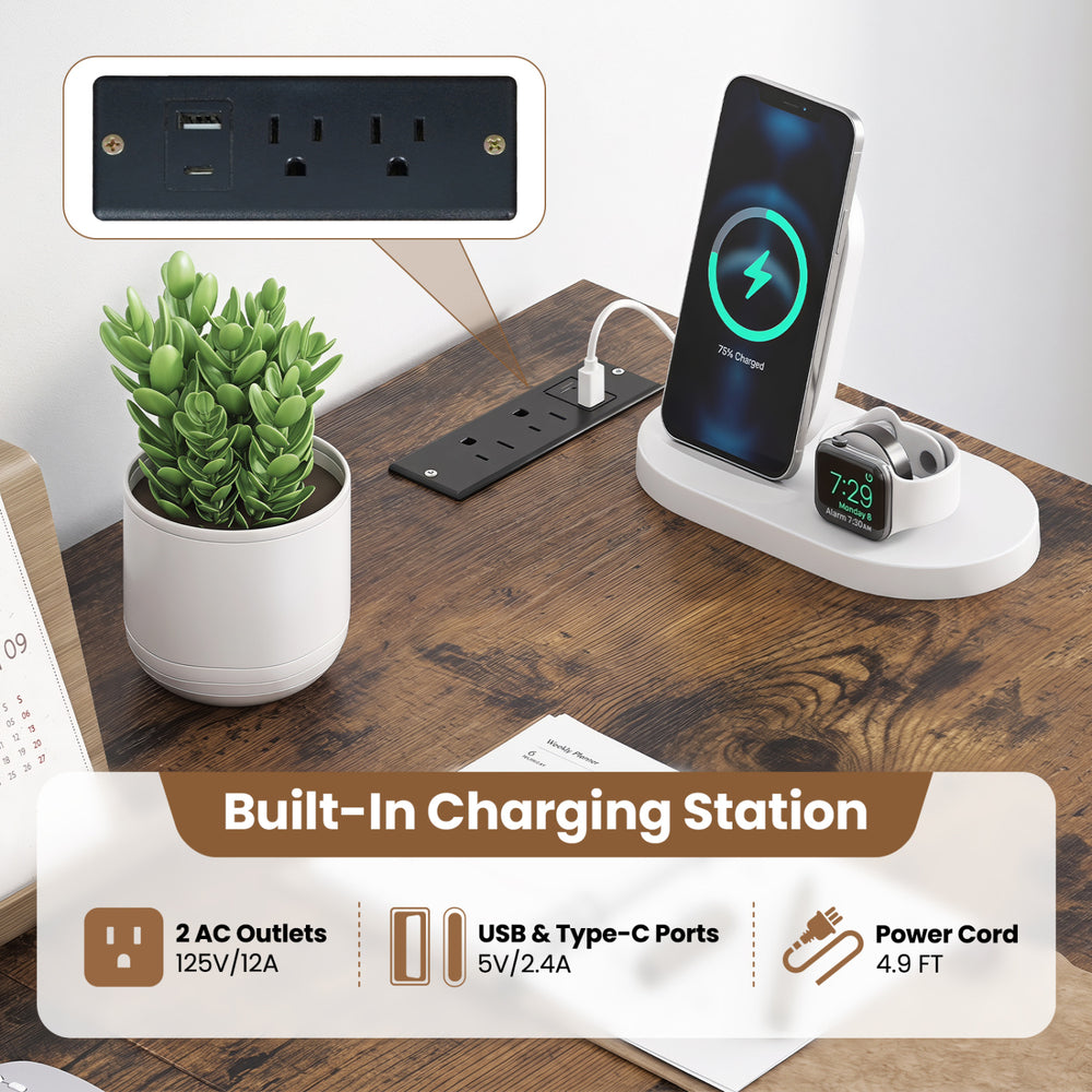 L-shaped executive desk featuring a built-in charging station with 2 AC outlets and USB ports, ideal for workspace organization.