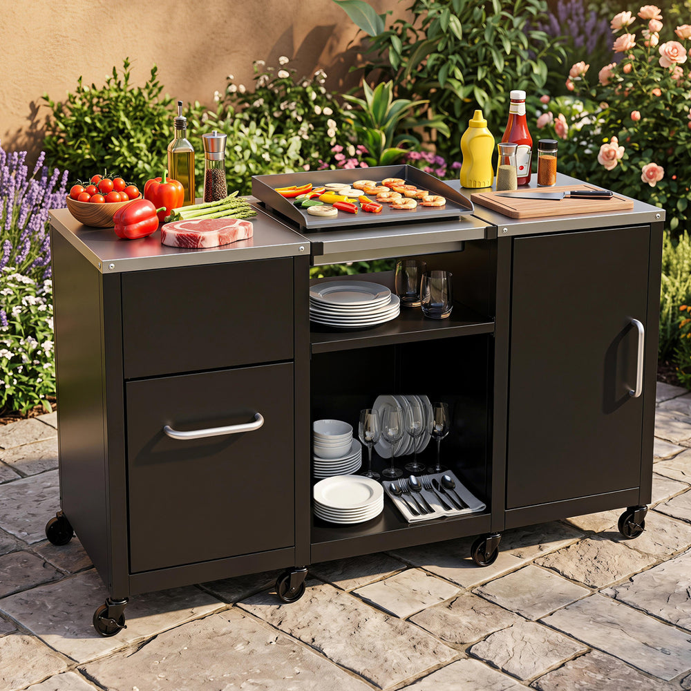 Outdoor grill table with stainless steel top, two removable shelves, and ample storage for grilling essentials.