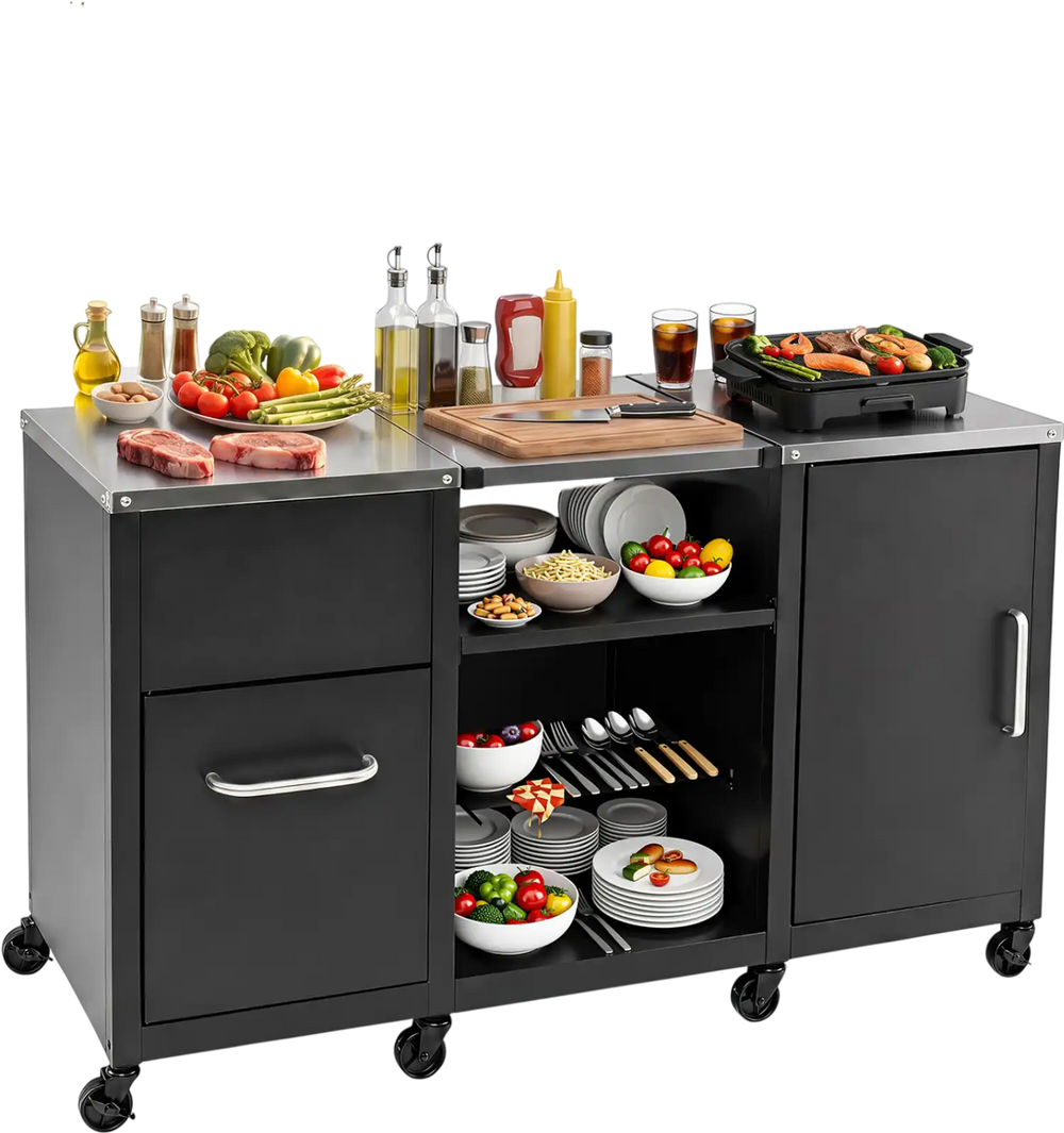 Outdoor grill table with stainless steel top, 2 removable shelves, and storage cabinets for versatile outdoor cooking.
