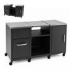 Outdoor grill table with stainless steel top, two removable shelves, and three cabinets for versatile outdoor cooking.