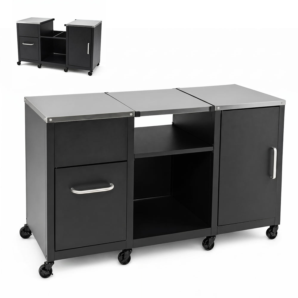 Outdoor grill table with stainless steel top, two removable shelves, and three cabinets for versatile outdoor cooking.