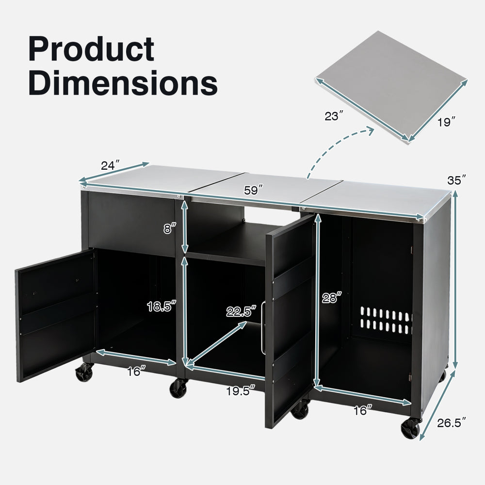 59" outdoor grill table featuring a stainless steel top, two removable shelves, and three cabinets for versatile storage.