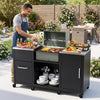 Outdoor grill table with stainless steel top, two removable shelves, and cabinets for versatile cooking and storage.