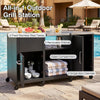 Outdoor grill station featuring a black finish, stainless steel top, two removable shelves, and three cabinets for storage.