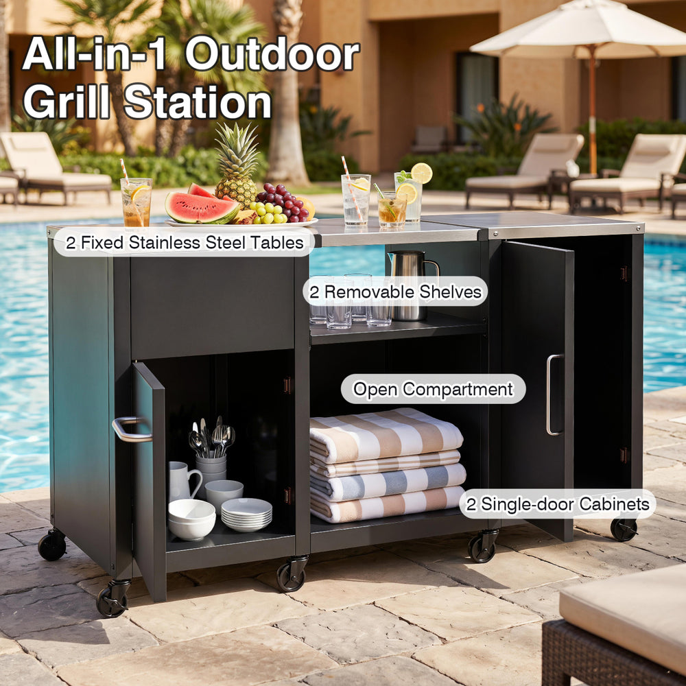 Outdoor grill station featuring a black finish, stainless steel top, two removable shelves, and three cabinets for storage.