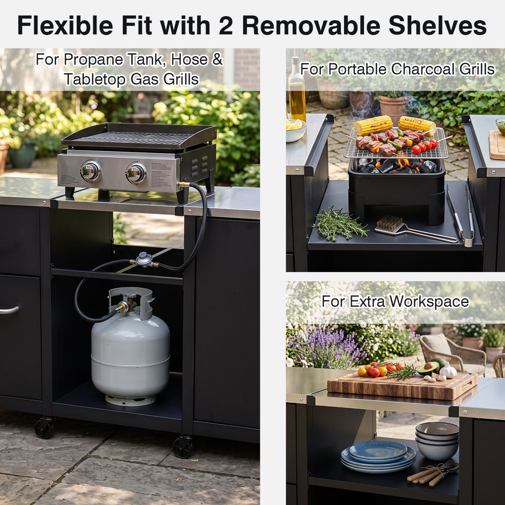 Outdoor grill table with stainless steel top, two removable shelves, and heavy-duty construction for versatile grilling.