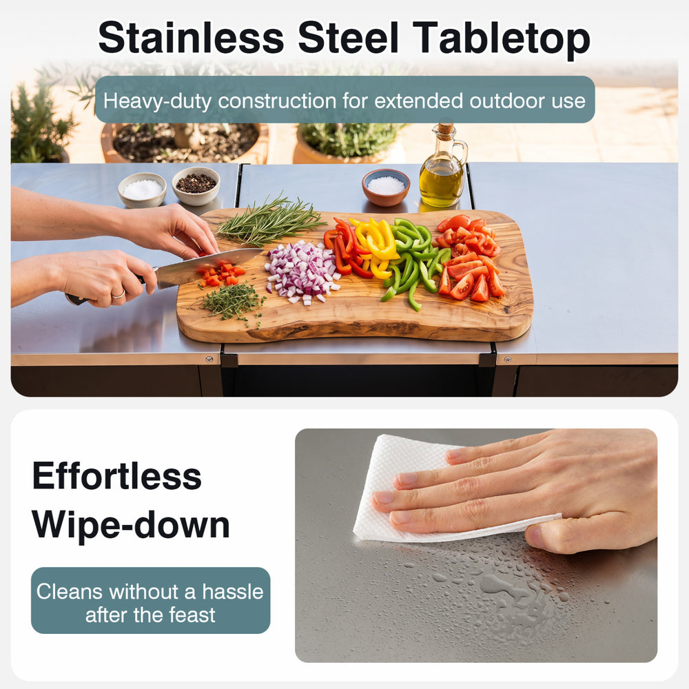 Stainless steel tabletop of the 59" outdoor grill table allows for effortless wipe-down and heavy-duty outdoor use.