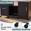 Outdoor grill table with stainless steel top, 2 removable shelves, and 8 smooth-rolling wheels for easy mobility.