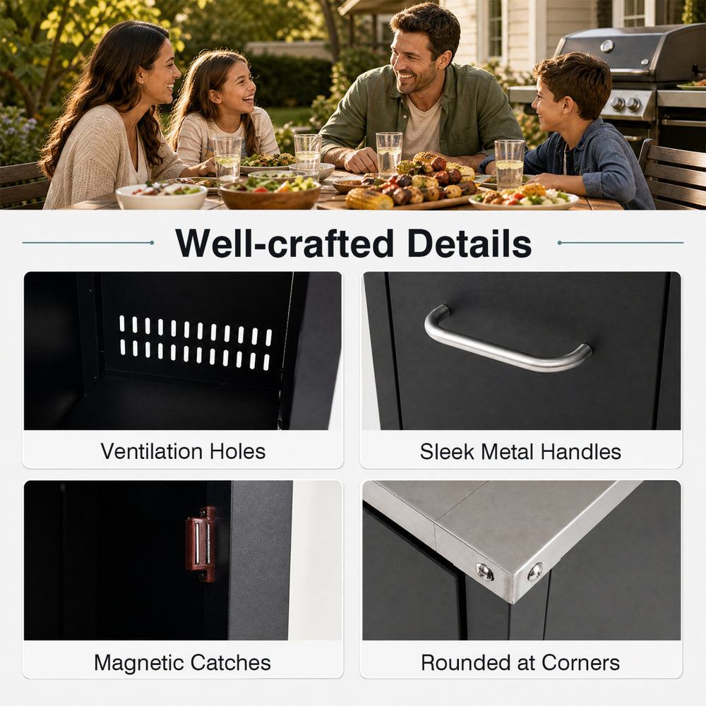 Outdoor grill table featuring a stainless steel top, removable shelves, and sleek metal handles for convenient storage.