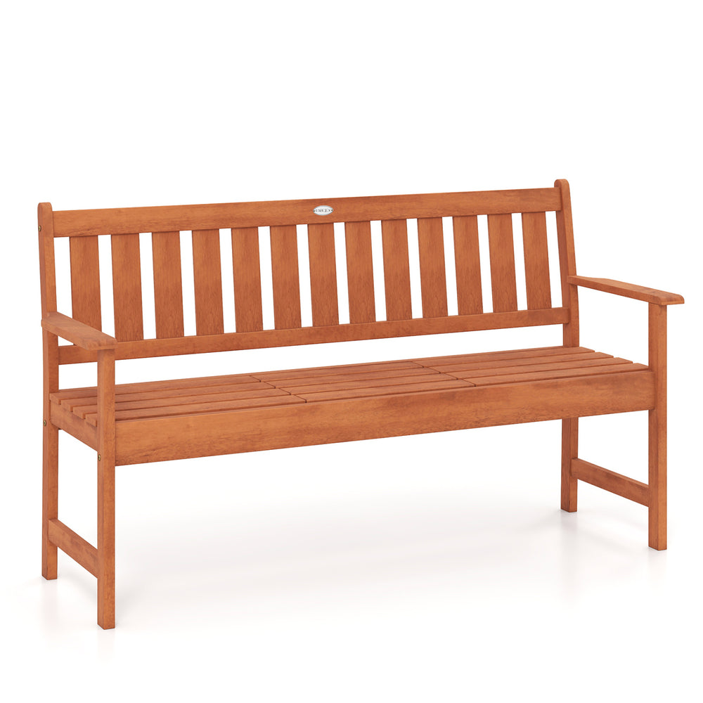 Built-in side table of the 59" outdoor wood garden bench provides convenient access to drinks and snacks while seated.