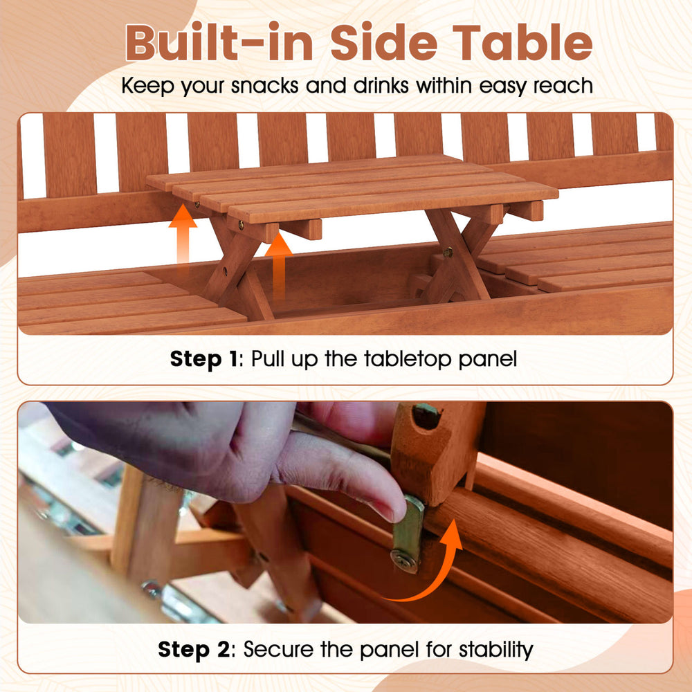 Built-in side table of the 59" outdoor wood garden bench allows easy access to snacks and drinks while ensuring stability.