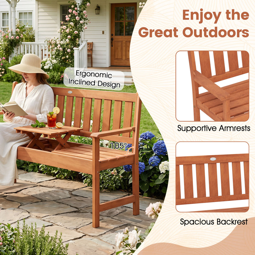 Outdoor wood garden bench with pull-out center table, ergonomic design, and supportive armrests for comfortable seating.