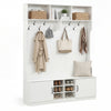 Hall tree with bench and storage in white, featuring hooks, adjustable shelves, and shoe cubbies for organized.