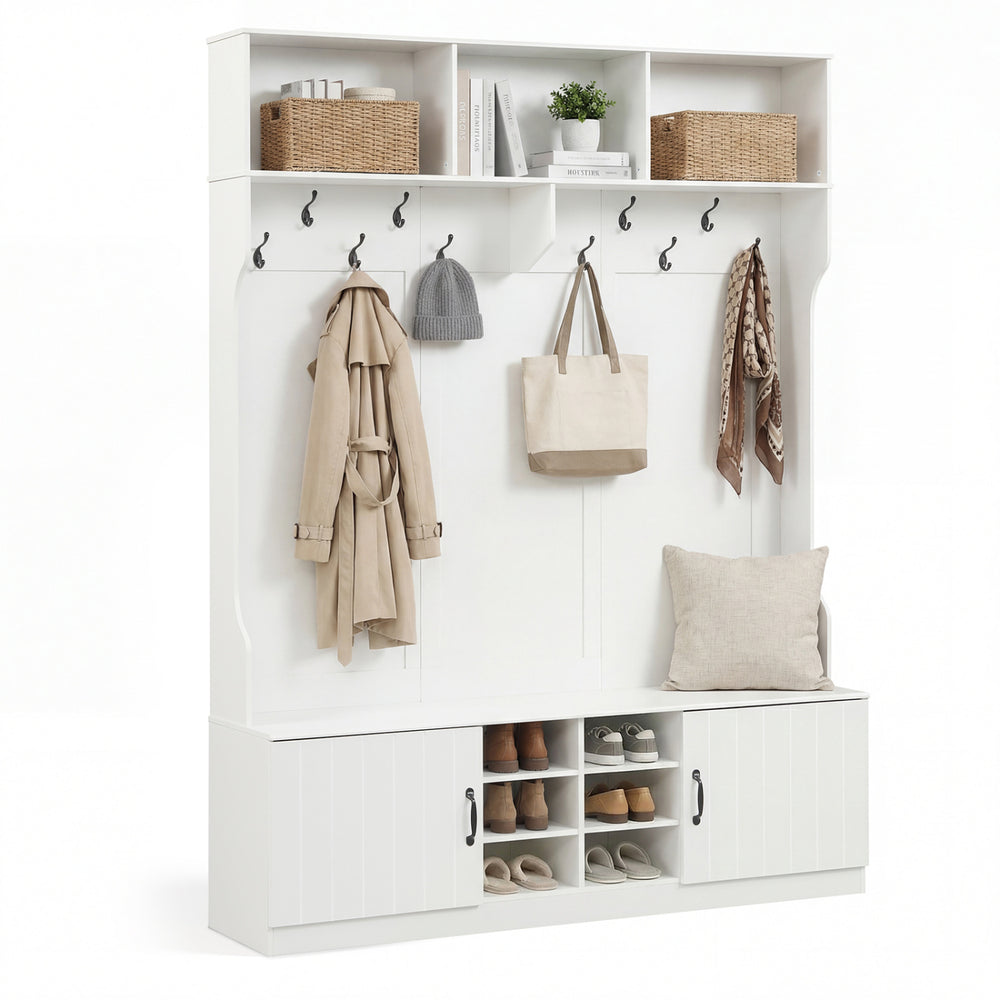 Hall tree with bench and storage in white, featuring hooks, adjustable shelves, and shoe cubbies for organized.
