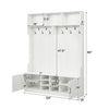 59" wide white hall tree featuring multiple hooks, cubbies, and a shoe bench for organized entryway storage.