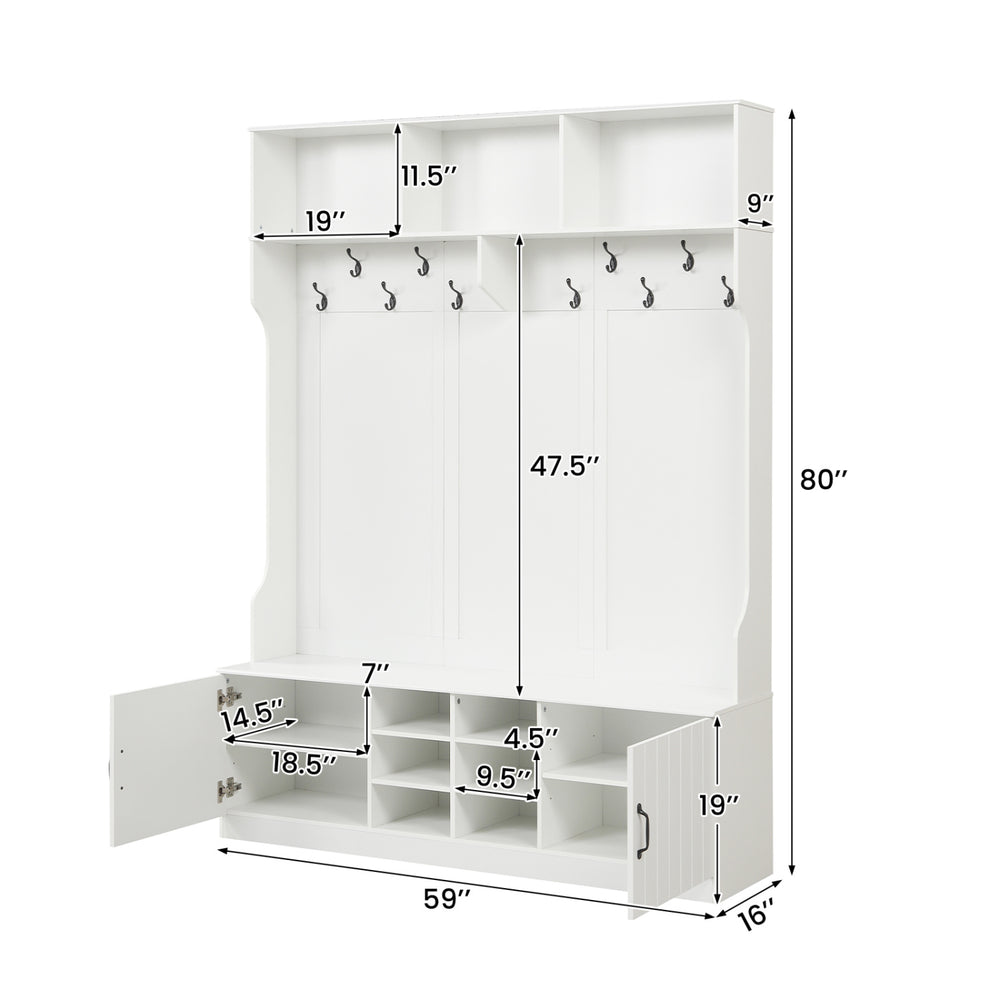 59" wide white hall tree featuring multiple hooks, cubbies, and a shoe bench for organized entryway storage.